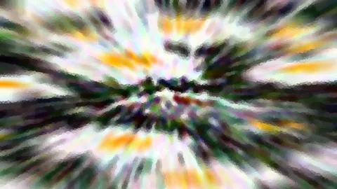 Abstrakte Komposition aus bunten Streifen in Gelb, Grün, Weiß und Schwarz, die von einem Zentrum in der Bildmitte nach außen strahlen, mit grobem Pixelmosaik-Effekt.