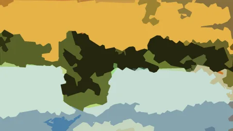 Abstrakte Komposition aus flachen, farbigen Formen: oben gelbe Fläche, darunter dunkle und olivgrüne Blöcke, in der Mitte und links helles Mintgrau, unten blaue und hellgrüne Felder.