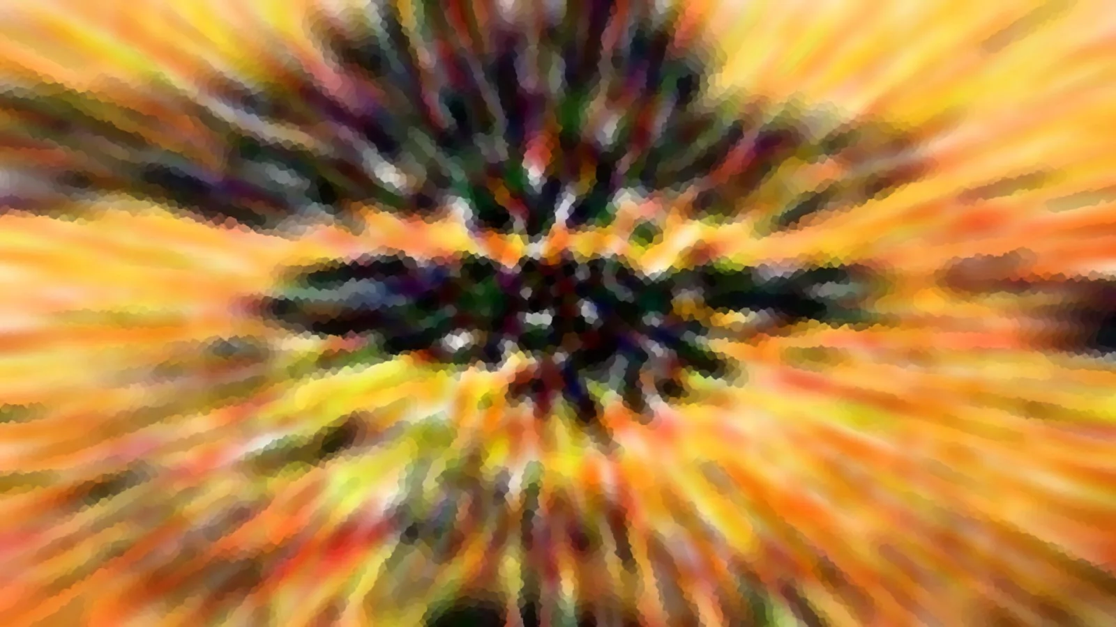 Abstrakte Komposition mit radial nach außen verlaufenden, verwischten Streifen in Orange, Gelb und Dunkelgrün, die sich in einem dunklen Zentrum bündeln.