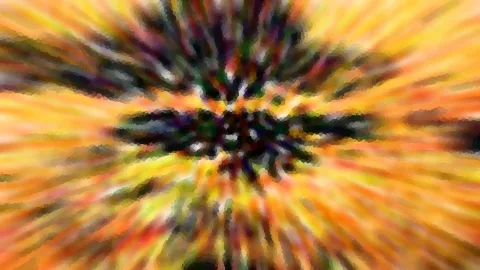 Abstrakte Komposition mit radial nach außen verlaufenden, verwischten Streifen in Orange, Gelb und Dunkelgrün, die sich in einem dunklen Zentrum bündeln.
