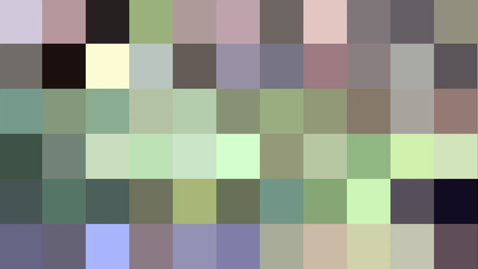 Abstraktes Mosaik aus quadratischen Farbfeldern in Grün, Grau, Lila und Pastelltönen.