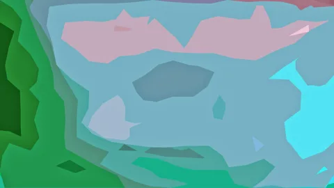 Abstrakte Komposition aus flachen, polygonalen Formen in Grün, Türkis, Cyan und Rosa.