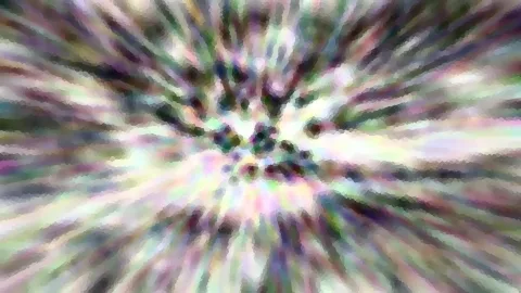 Abstrakte Komposition aus bunten, radial vom Zentrum ausstrahlenden Schlieren in Grün, Rosa, Violett und Weiß, stellenweise mosaikartig verpixelt.