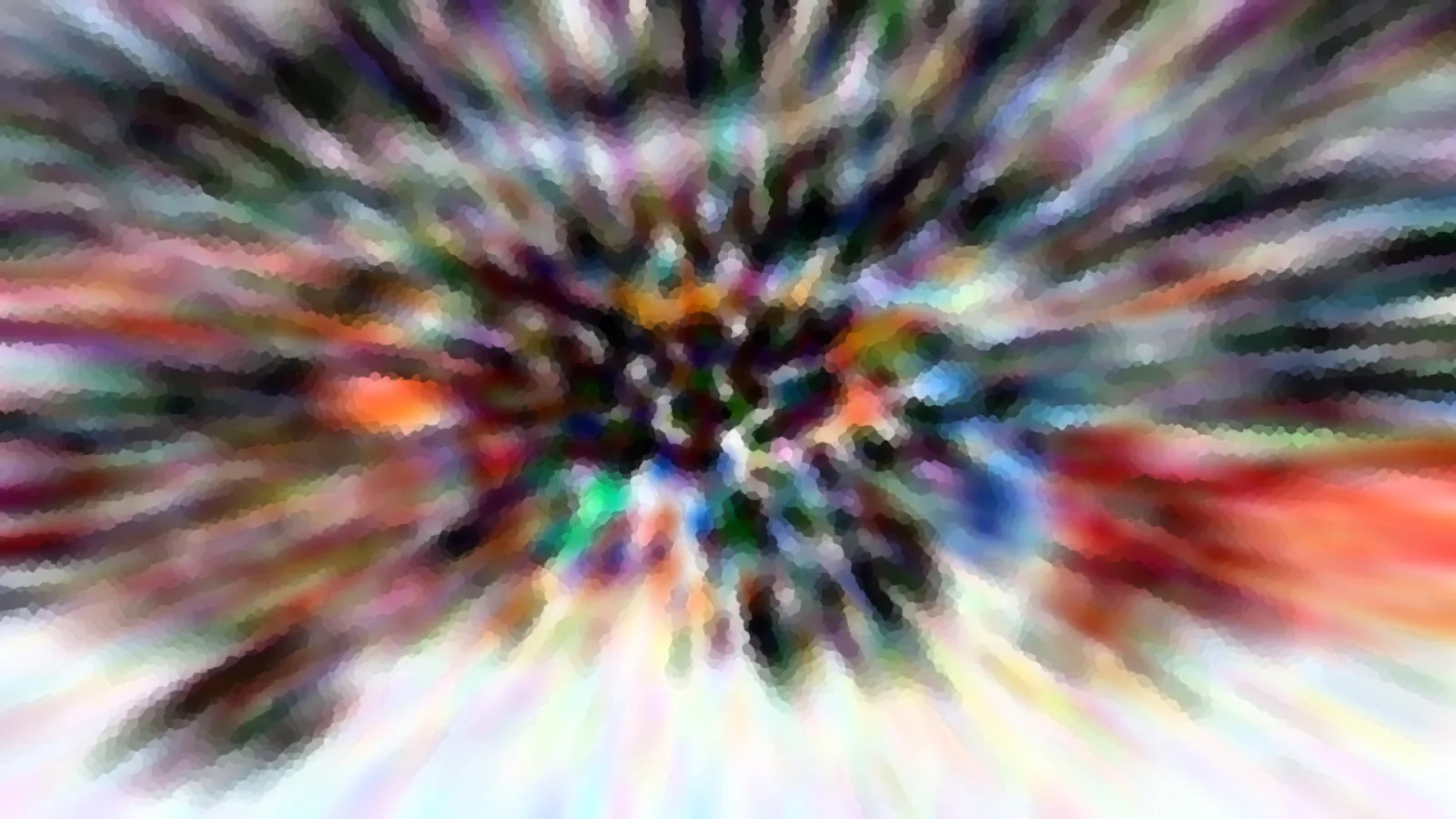 Abstraktes Bild mit radial von einem hellen Zentrum ausgehenden bunten Streifen in Rot, Blau, Grün und Weiß, verschwommen und pixelig.