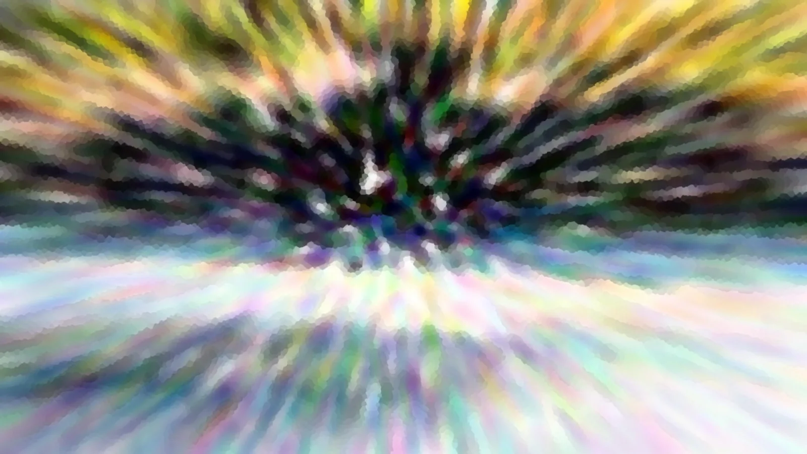 Abstrakte Komposition aus radial auseinanderlaufenden, verwischten Farbstreifen in Gelb, Grün, Violett und Weiß, die von einem dunklen Zentrum in der Bildmitte ausgehen.