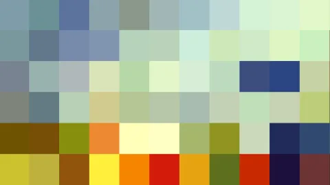 Raster aus farbigen Quadraten in Blau, Grün, Gelb, Orange und Rot, oben in Pastelltönen, unten in kräftigen Farben.