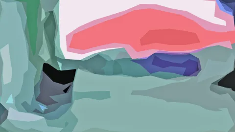 Flächige abstrakte Formen in Rosa, Mintgrün und Blau, oben ein heller weißer Bereich, unten ein großer ruhiger Mintbereich.