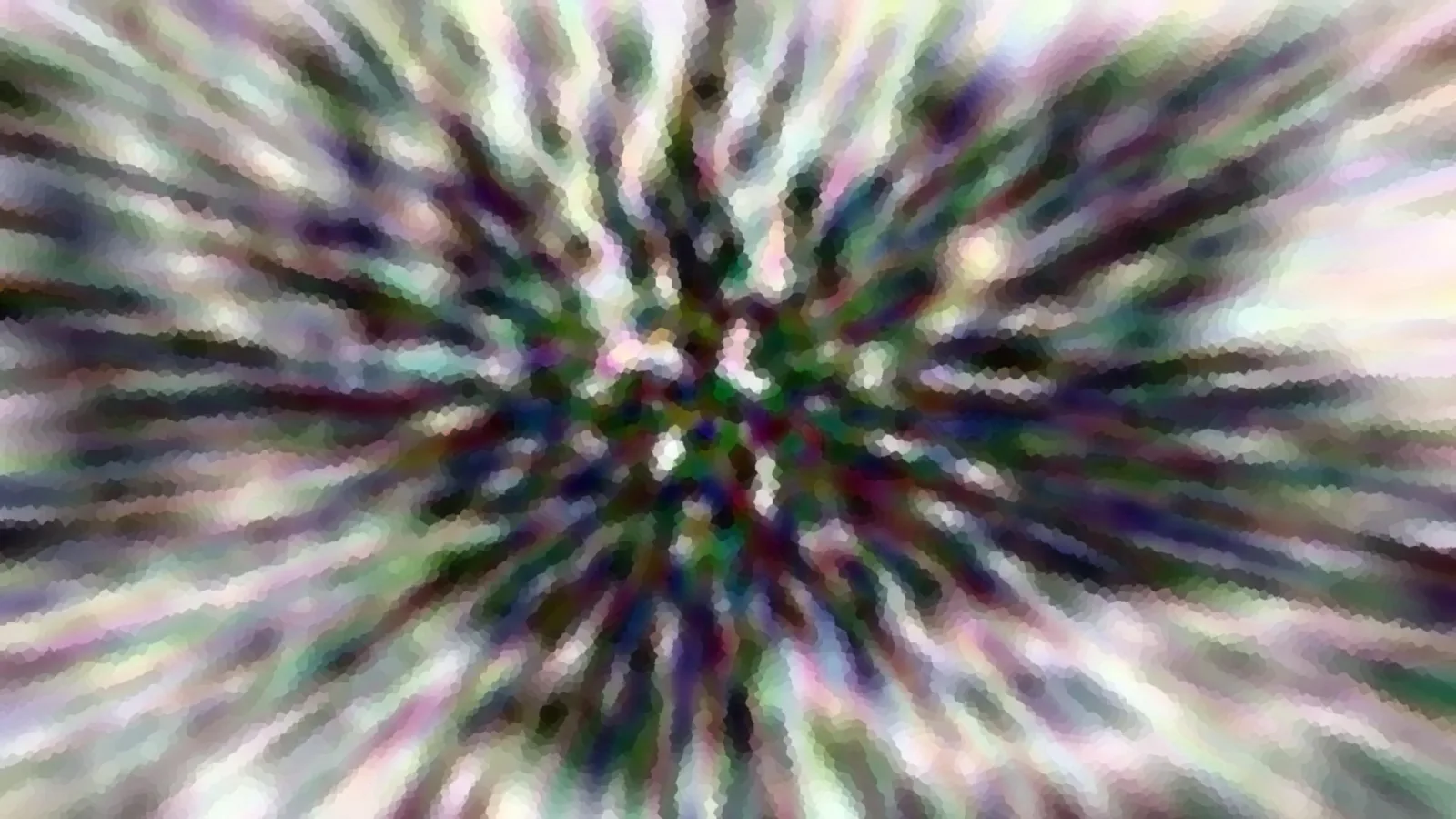 Abstrakte Komposition aus radial von der Mitte nach außen verlaufenden Streifen in Grün, Violett, Weiß und Schwarz, mosaikartig gepixelt.