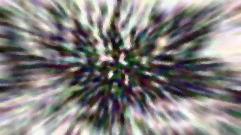 Abstrakte Komposition aus radial von der Mitte nach außen verlaufenden Streifen in Grün, Violett, Weiß und Schwarz, mosaikartig gepixelt.