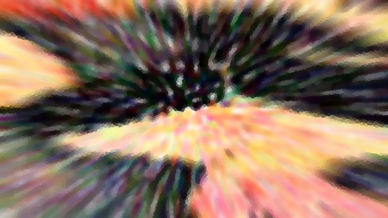 Abstrakte Komposition aus radial verlaufenden, verwischten Farbstrahlen in Orange, Rosa, Gelb und Dunkelgrün, die von einem dunklen Zentrum ausgehen.