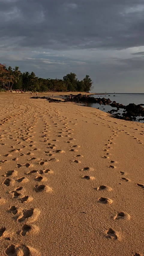 Strand bei Abendlicht mit vielen Fußspuren im feinen Sand, links Palmen und Bäume, rechts dunkle Felsen im Meer unter bewölktem Himmel.