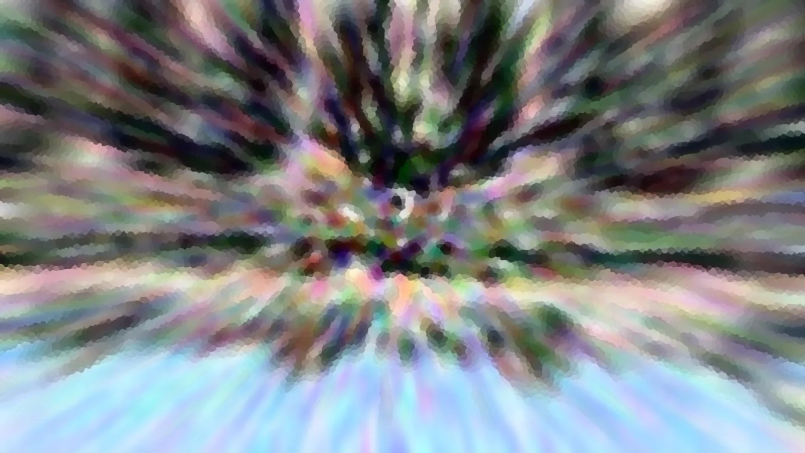 Abstrakte Komposition aus Farbstreifen, die von einem zentralen Punkt radial nach außen strahlen, in Grün, Violett, Rosa und Hellblau, mit mosaikartiger Körnung.