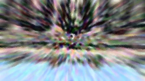 Abstrakte Komposition aus Farbstreifen, die von einem zentralen Punkt radial nach außen strahlen, in Grün, Violett, Rosa und Hellblau, mit mosaikartiger Körnung.