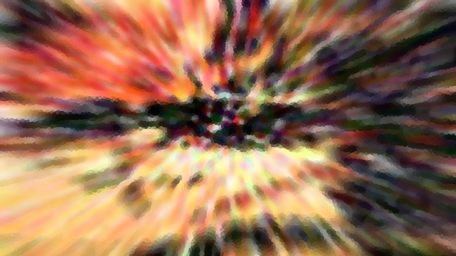 Abstrakte Komposition aus radial verlaufenden Streifen in Rot, Orange und Gelb, im Zentrum ein dunkler, fleckiger Bereich, mosaikartig verpixelt.