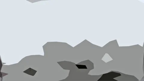 Low-Poly-Landschaft mit hellem Himmel oben und grauen, kantigen Felsformen darunter, einige Flächen sind fast schwarz.