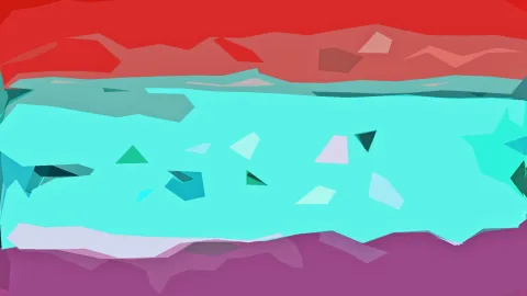 Abstrakte Komposition mit horizontalen Bändern in Rot oben, Türkis in der Mitte und Violett unten, dazwischen verstreute helle und dunkle Dreiecke und Polygone.