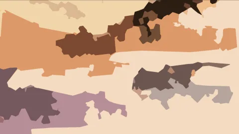 Abstrakte Komposition aus organischen Farbfeldern in Beige, Orange, Braun, Schwarz und Violett.
