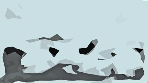 Abstrakte graue und schwarze Formen auf hellblauem Hintergrund, unten ein dichtes Band aus dunkelgrauen Flächen.