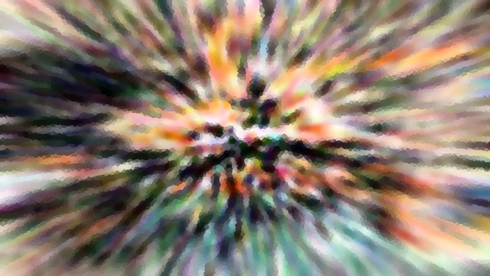 Abstrakte Komposition mit radial von der Mitte nach außen laufenden, bunten Streifen in Orange, Grün, Rosa und Weiß, die in einer mosaikartigen Pixelstruktur aufgelöst sind.
