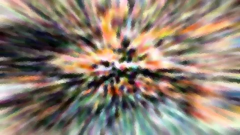 Abstrakte Komposition mit radial von der Mitte nach außen laufenden, bunten Streifen in Orange, Grün, Rosa und Weiß, die in einer mosaikartigen Pixelstruktur aufgelöst sind.