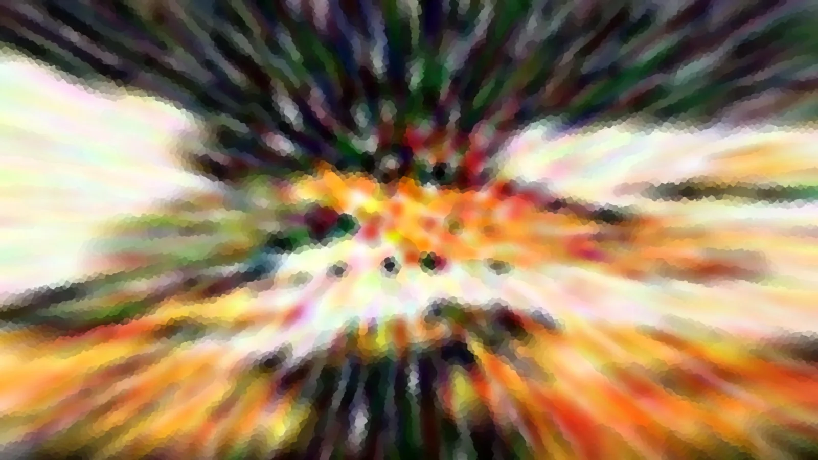 Abstrakte Komposition mit radial von der Mitte nach außen laufenden Streifen in Orange, Gelb, Grün und Dunkelgrau, mosaikartig verpixelt.