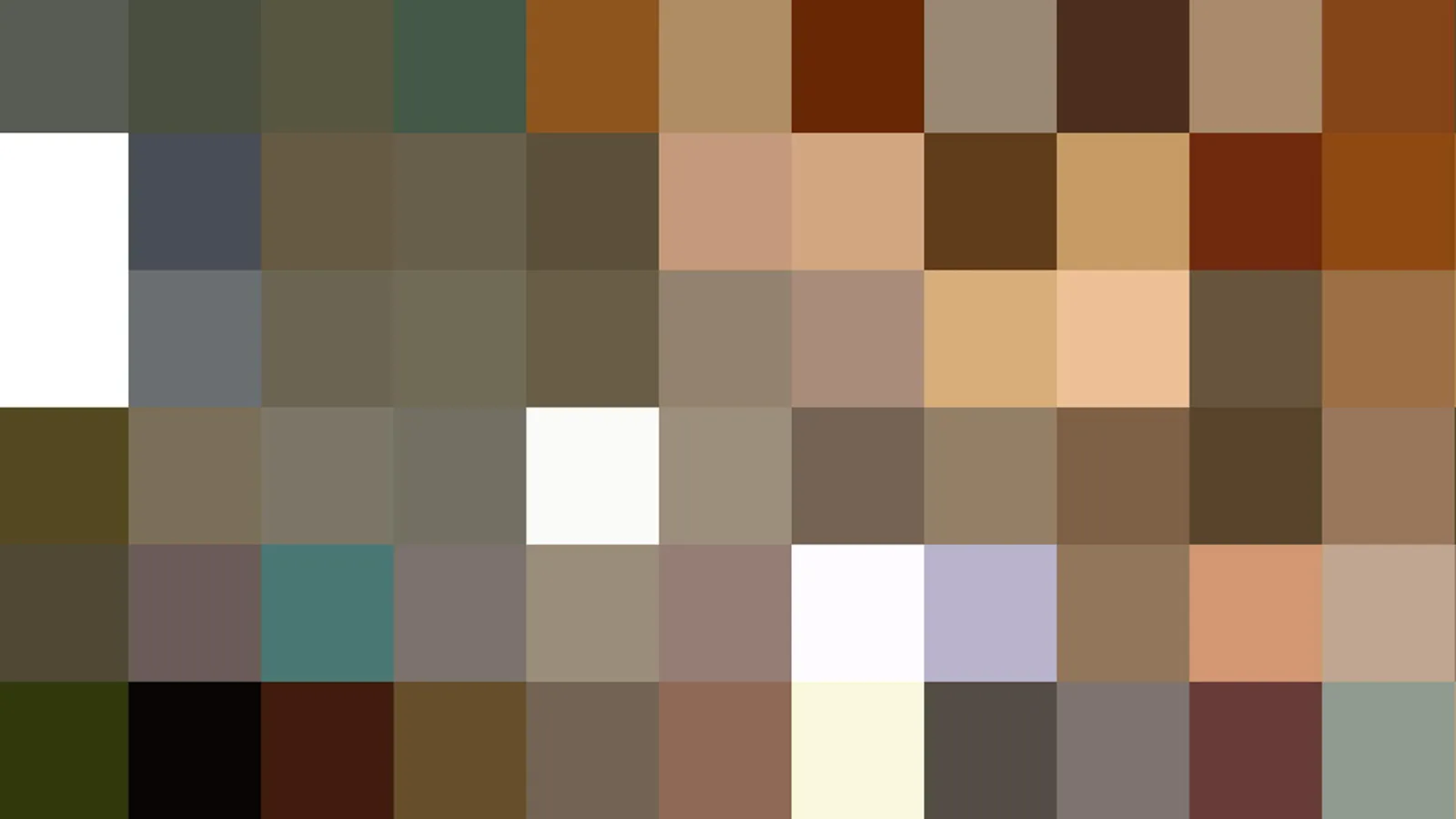 Grobes Mosaik aus quadratischen Farbblöcken in Braun, Beige, Grau und einzelnen hellen Feldern