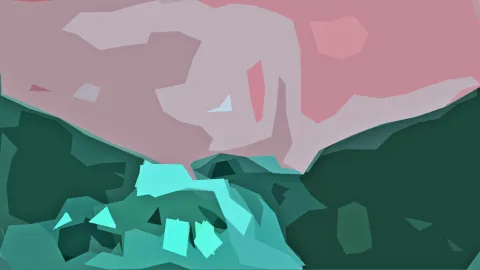 Abstrakte Komposition aus kantigen Flächen in Rosa oben und dunklem Grün mit türkisen Akzenten unten.