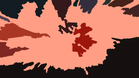 Abstrakte Komposition aus flachen Farbflächen: lachsfarbener Grund mit dunkelroten, schwarzen und petrolfarbenen Formen.
