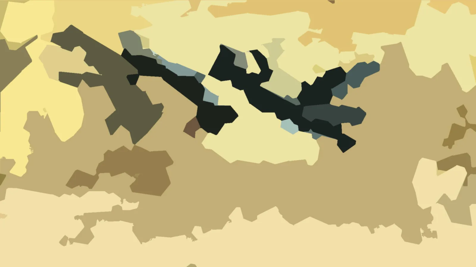 Abstrakte Komposition aus beigen, gelben und dunkelgrünen Flächen mit schwarzen, zackigen Formen