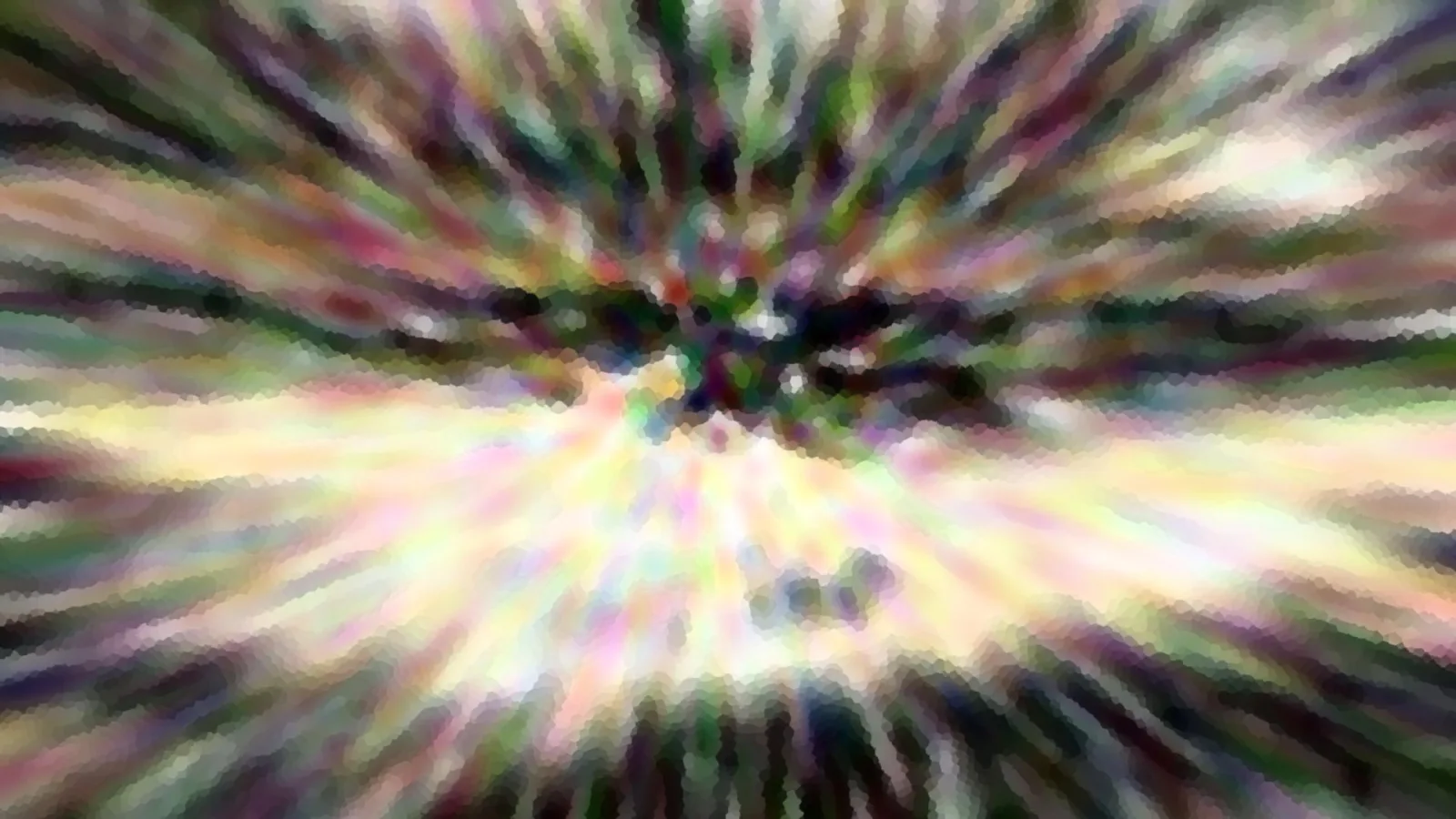 Abstrakte Komposition aus radial von der Mitte ausstrahlenden, verwischten Streifen in Grün, Violett, Weiß und Gelb mit pixeligen Übergängen.