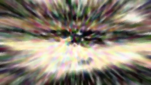 Abstrakte Komposition aus radial von der Mitte ausstrahlenden, verwischten Streifen in Grün, Violett, Weiß und Gelb mit pixeligen Übergängen.