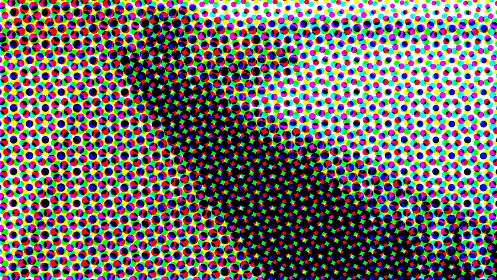 Dichtes Raster aus bunten Punkten in Rot, Grün, Blau, Gelb, Cyan und Magenta auf weißem Grund, in der Mitte und unten rechts verdichten sich die Punkte zu einer großen schwarzen Fläche.