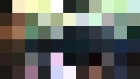 Raster aus 60 quadratischen Farbfeldern in Grün-, Blau-, Braun-, Grau- und Weißtönen, dazwischen helle Pastellflächen und dunkle Töne.