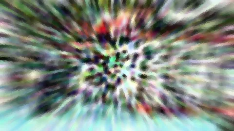 Abstrakte Komposition aus radial ausstrahlenden, verwischten Farbstreifen in Grün, Rot, Weiß und Türkis, im Zentrum ein dichtes Muster aus kleinen dunklen und hellen Punkten.