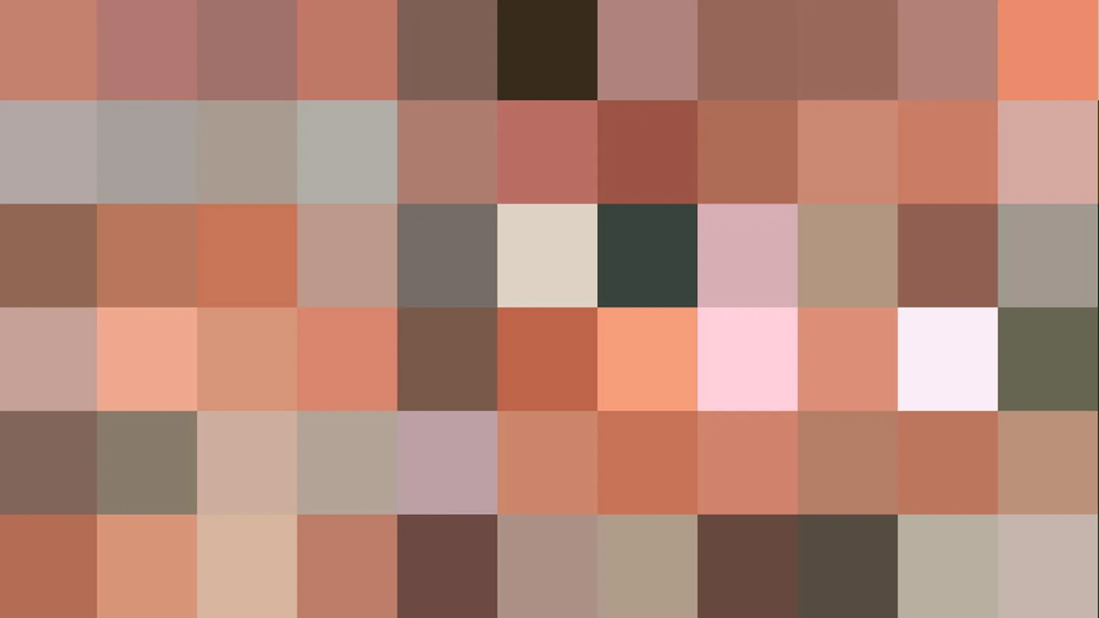 Quadratisches Pixelmosaik aus rosa, braunen und terrakottafarbenen Feldern in einem Raster aus zehn Spalten und sechs Zeilen, mit vereinzelten dunkelgrünen und fast weißen Feldern.