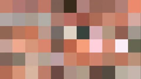 Quadratisches Pixelmosaik aus rosa, braunen und terrakottafarbenen Feldern in einem Raster aus zehn Spalten und sechs Zeilen, mit vereinzelten dunkelgrünen und fast weißen Feldern.