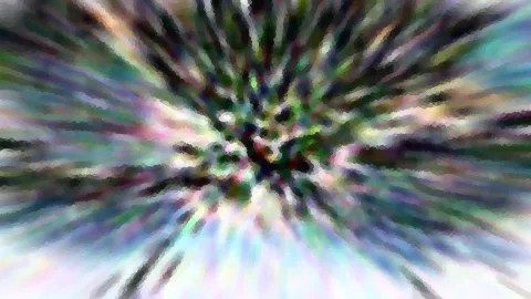 Abstraktes Bild mit farbigen, radial vom Zentrum nach außen laufenden Streifen in Grün, Violett, Blau und Weiß, pixelig verwaschen.