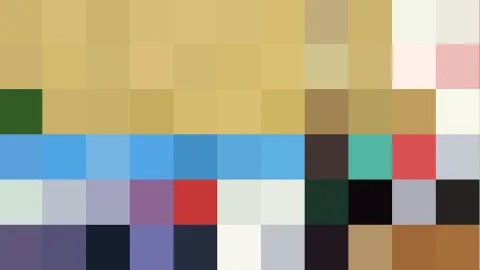 Abstraktes Raster aus farbigen Quadraten: oben gelbocker, darunter grün, hellblau, dunkel, violett und braun.