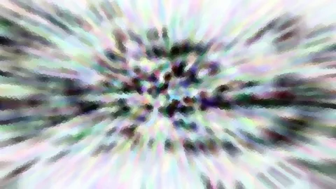Abstraktes Bild mit radialen Streifen in Pastellfarben, dunkles unscharfes Zentrum, verpixelte Struktur.
