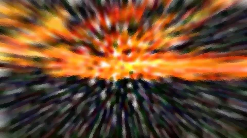Abstraktes Bild mit radialen Schlieren, die von einem hellen orangefarbenen Zentrum nach außen laufen, an den Rändern in dunklem Grün und Violett, mosaikartig verpixelt.