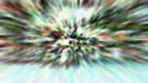 Abstrakte Komposition aus bunten, mosaikartigen Streifen, die radial von einer hellen Mitte nach außen laufen.