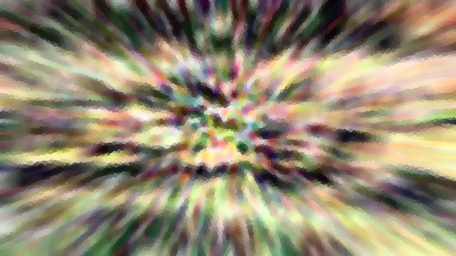 Abstrakte Komposition aus bunten, radial von der Mitte ausstrahlenden Streifen in Grün, Gelb, Rosa und Dunkelviolett, mosaikartig verpixelt.