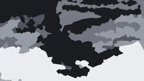 Abstrakte Komposition aus unregelmäßigen Flächen in Schwarz, Dunkelgrau, Hellgrau und Weiß.