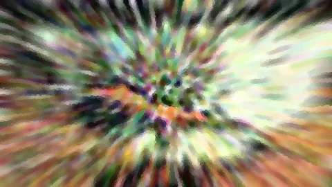 Abstrakte Komposition aus bunten, radial nach außen verlaufenden Schlieren in Grün, Violett, Orange und Weiß, im Zentrum verdichtet sich das Grün zu dunkleren Flecken.