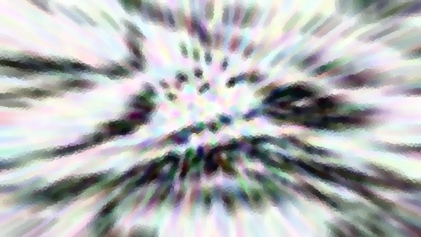 Abstrakte Komposition aus pastellfarbenen und dunklen Streifen, die von einem hellen Zentrum radial nach außen laufen, mit pixeligen Farbpunkten in der Mitte.