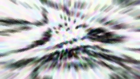 Abstrakte Komposition aus pastellfarbenen und dunklen Streifen, die von einem hellen Zentrum radial nach außen laufen, mit pixeligen Farbpunkten in der Mitte.