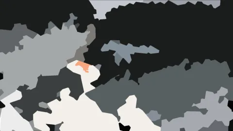 Abstrakte Komposition aus grauen, schwarzen und weißen Flächen mit einem kleinen orangefarbenen Akzent im oberen Mittelbereich.