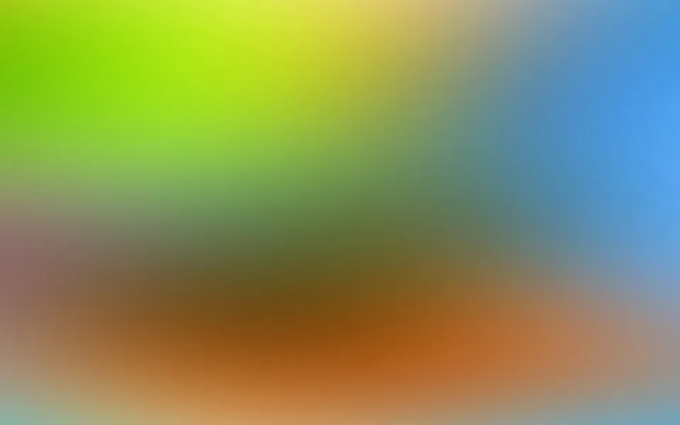 Unscharfer Farbverlauf mit leuchtend grünem Bereich oben links, blauem Feld rechts und orangefarbenem Streifen unten.