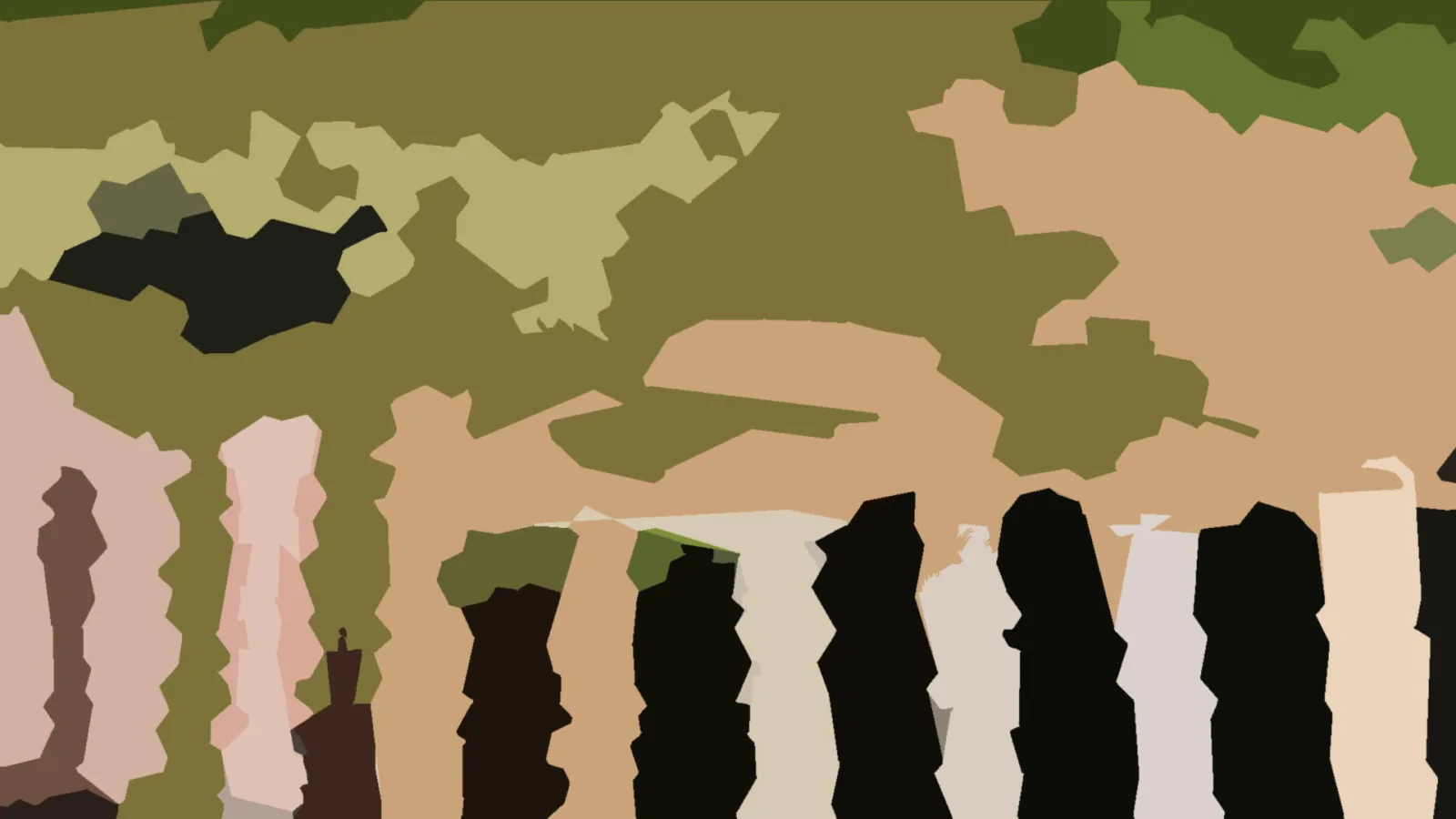 Abstrakte Komposition aus flächigen Farbfeldern in Oliv, Beige, Rosa und Schwarz, unten mit senkrechten dunklen und hellen Streifen.