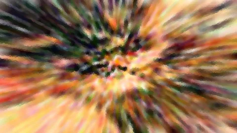 Abstrakte Komposition aus farbigen Pixelblöcken, die von einem dunklen Zentrum radial nach außen strahlen, in Grün, Orange, Gelb und Violett.